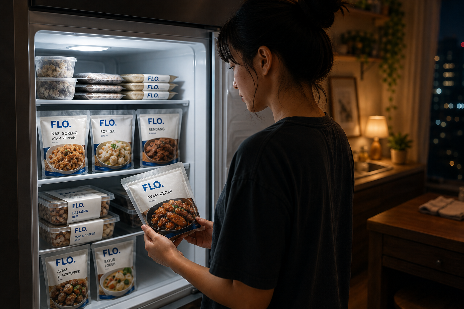 FLO. frozen meals ready in a home freezer at night