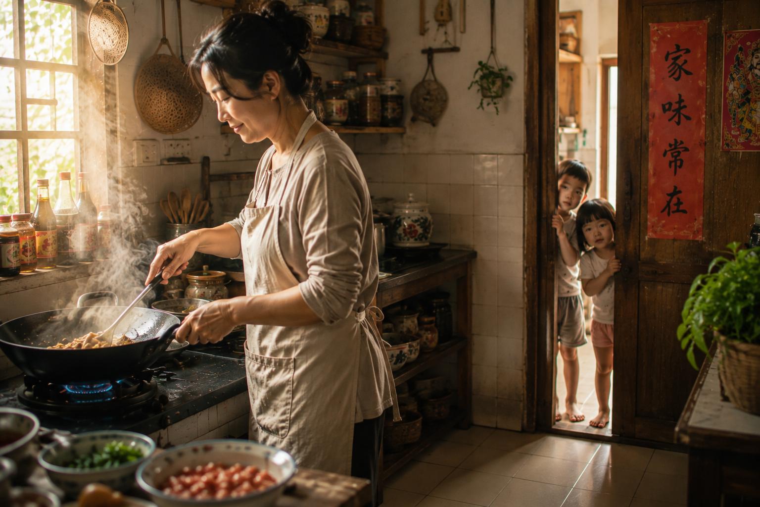 A mother cooking in a warm traditional family kitchen while her children watch